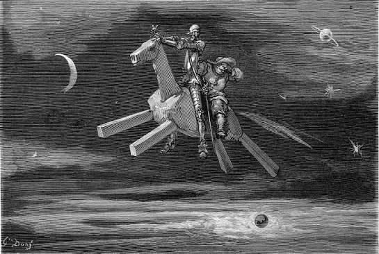 Un'illustrazione di Gustave Doré di Don Chisciotte e Sancio Panza che cavalcano un cavallo di legno, credendo che si sia librato in aria. (Fotografia di Bridgeman Images)