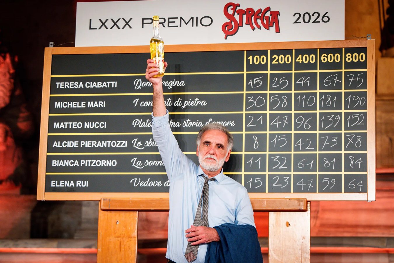 Michele Mari che innalza la bottiglia del liquore Strega, cui è intitolato il Premio, a seguito della vittoria. (Fotografia di Musa)